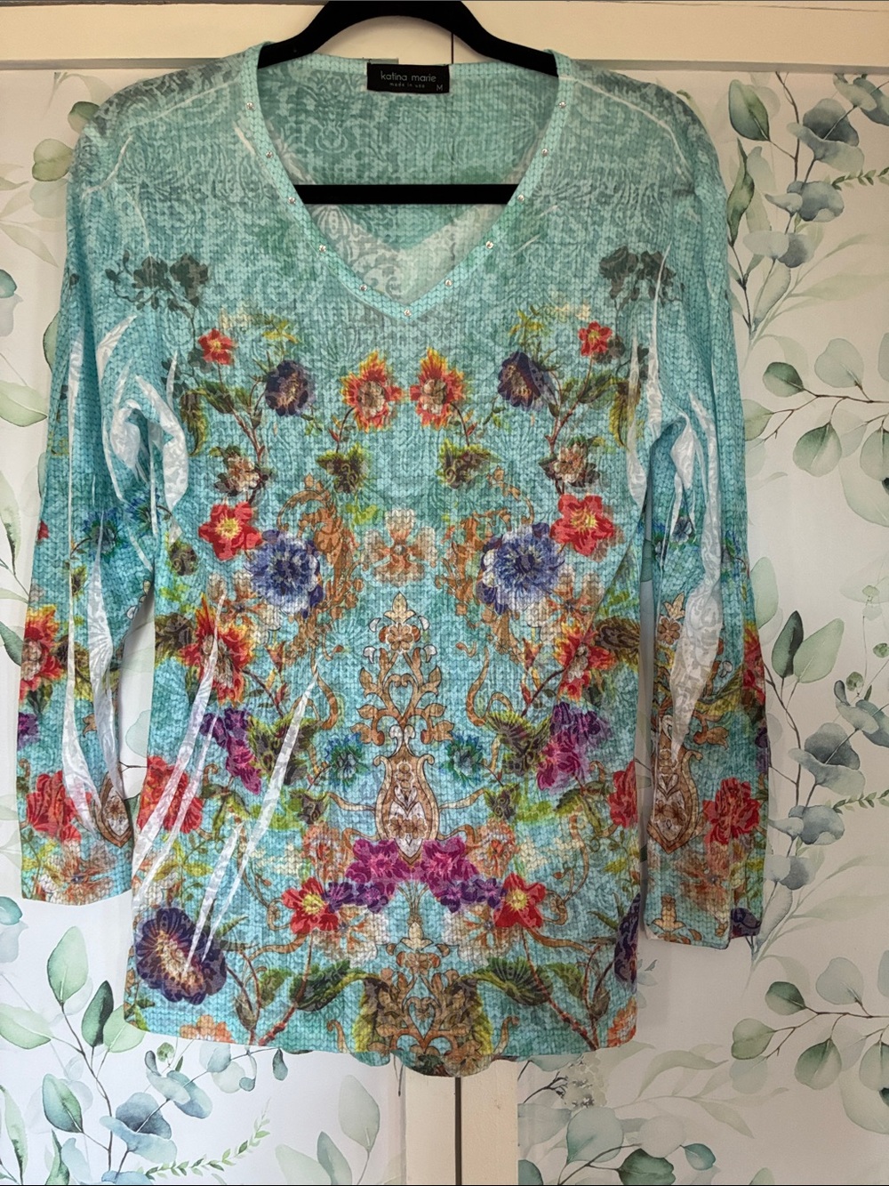 Katina Marie Turquoise Floral V-Neck Long Sleeve Blouse